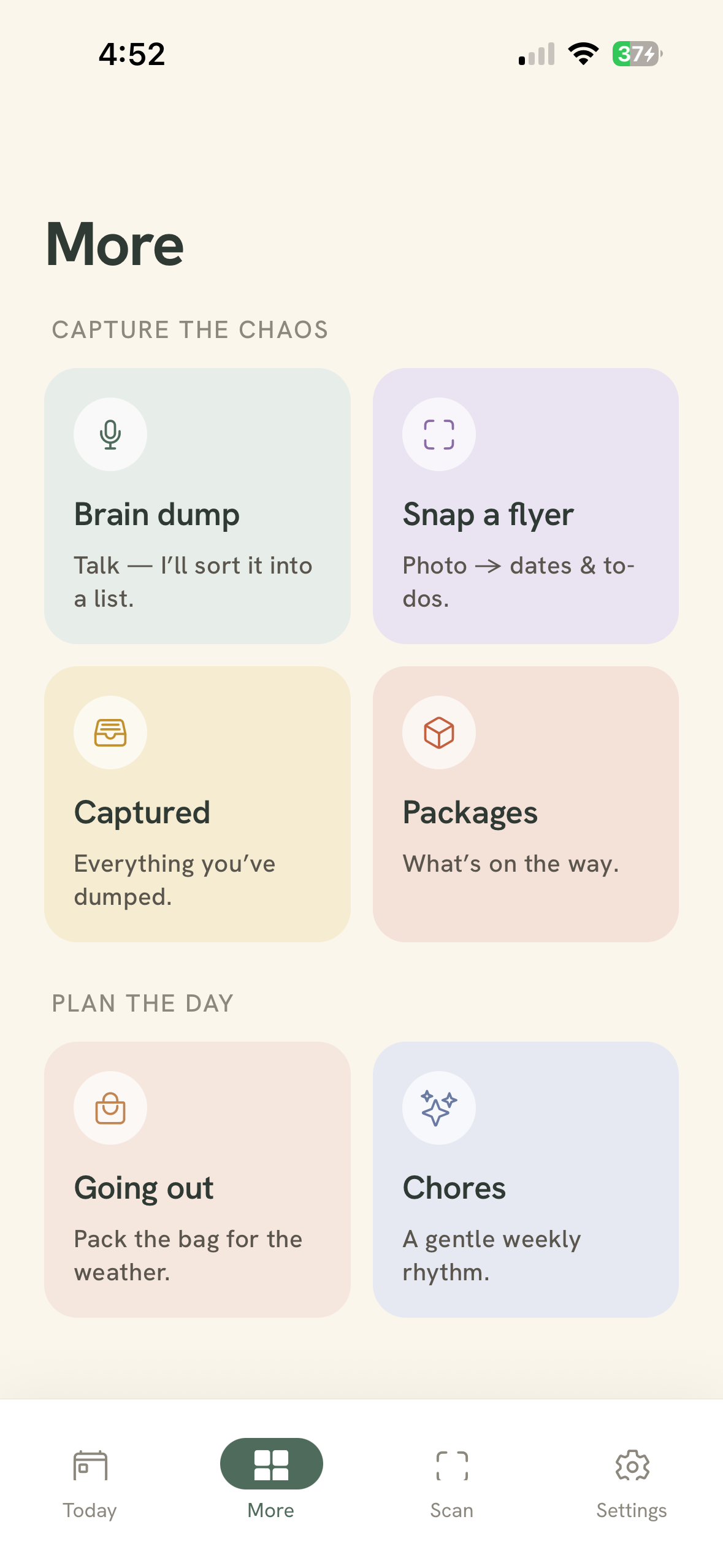 ForeRun More screen: capture tools like Brain dump, Snap a flyer, Captured, Packages, Going out, and Chores.