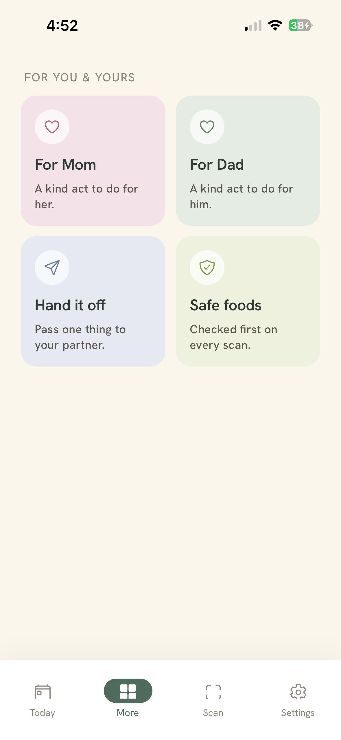 ForeRun For You & Yours screen: For Mom, For Dad, Hand it off, and Safe foods cards.